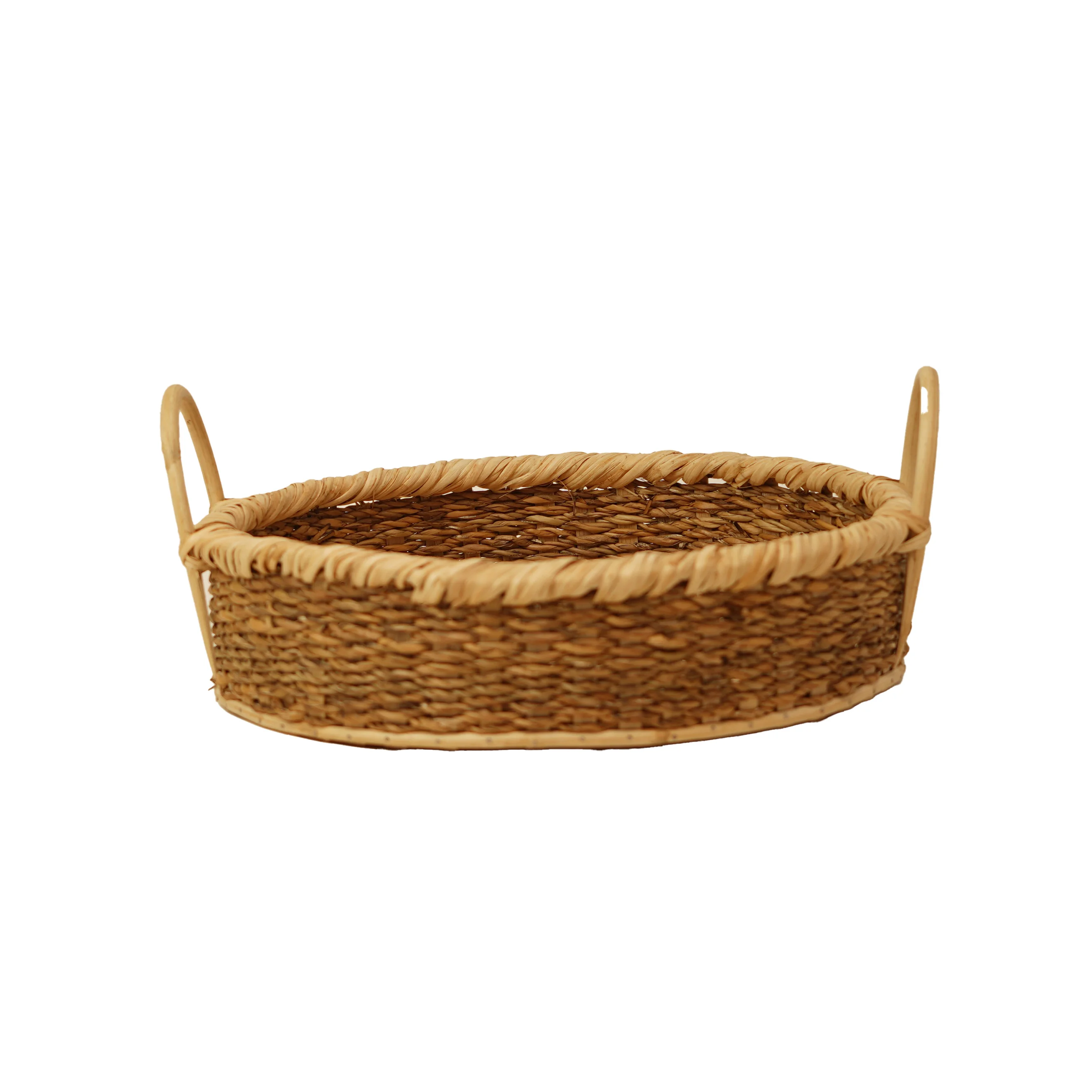 Handcrafted Seagrass & Cane Rattan Round Serving Tray Basket with High Loop Handles