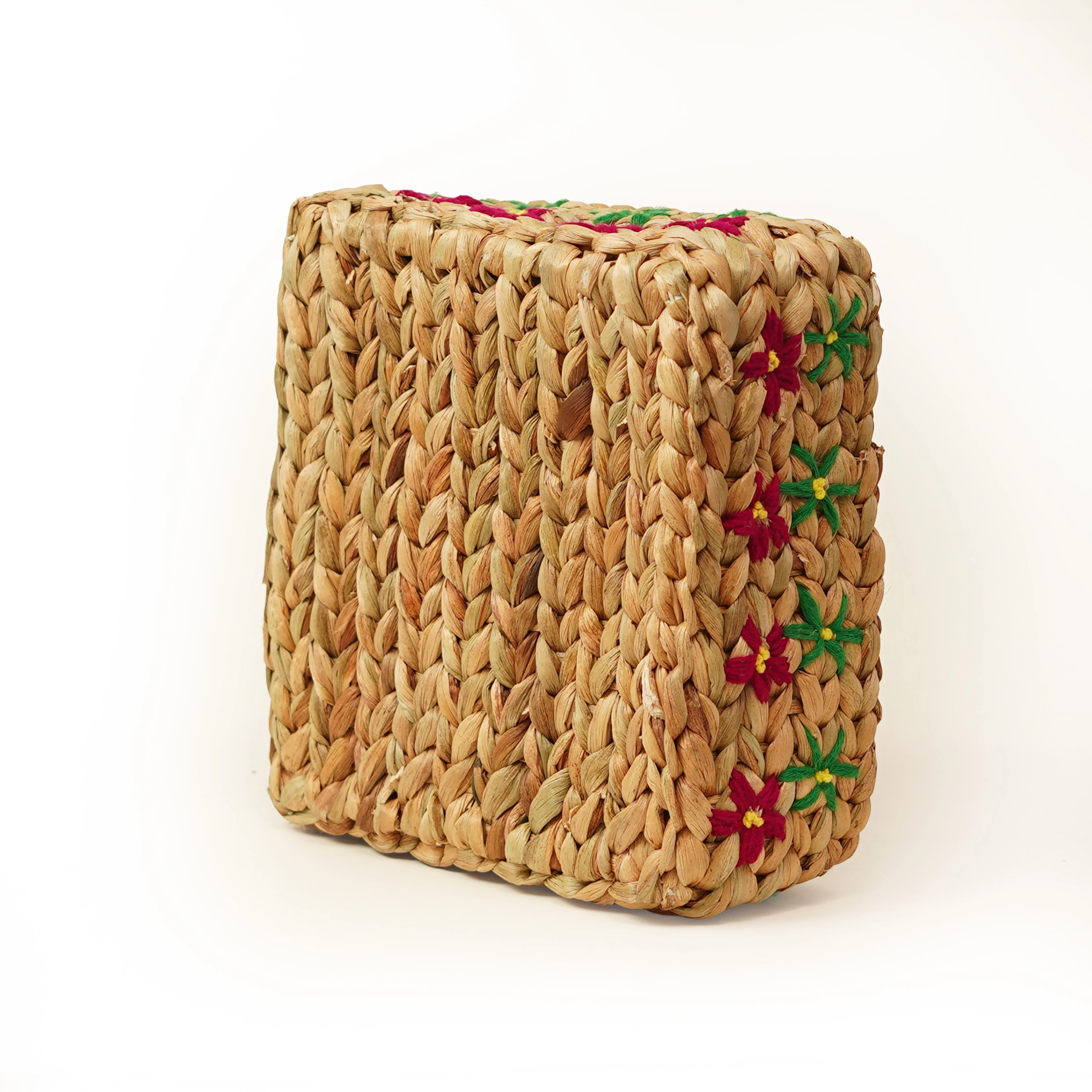 Handcrafted Water Hyacinth & Jute Square Storage Basket | Embroidered Floral Decorativ - Thumbnail 3