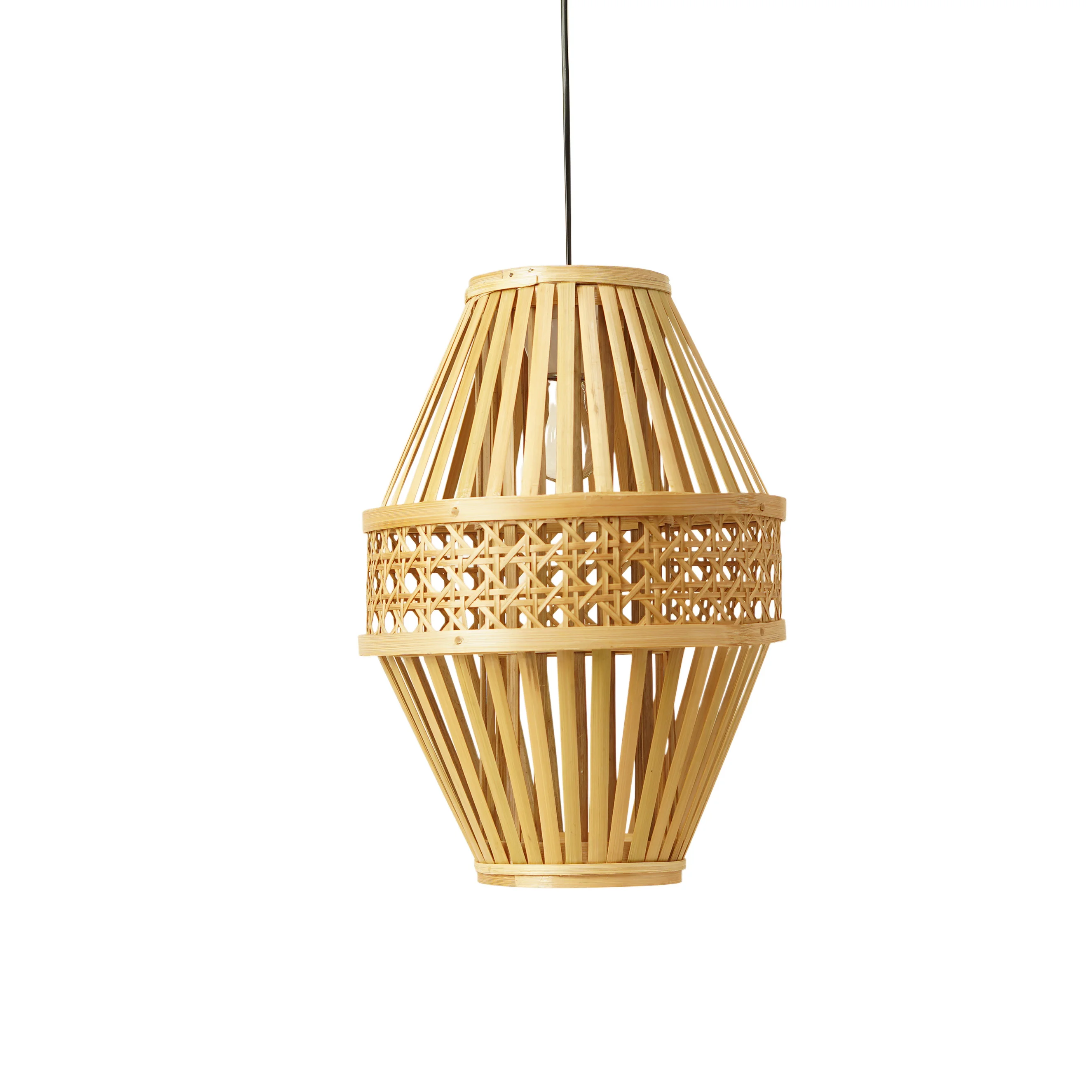 Handcrafted Diamond Bamboo Pendant Light - Woven Rattan Webbing Belt Lamp Shade