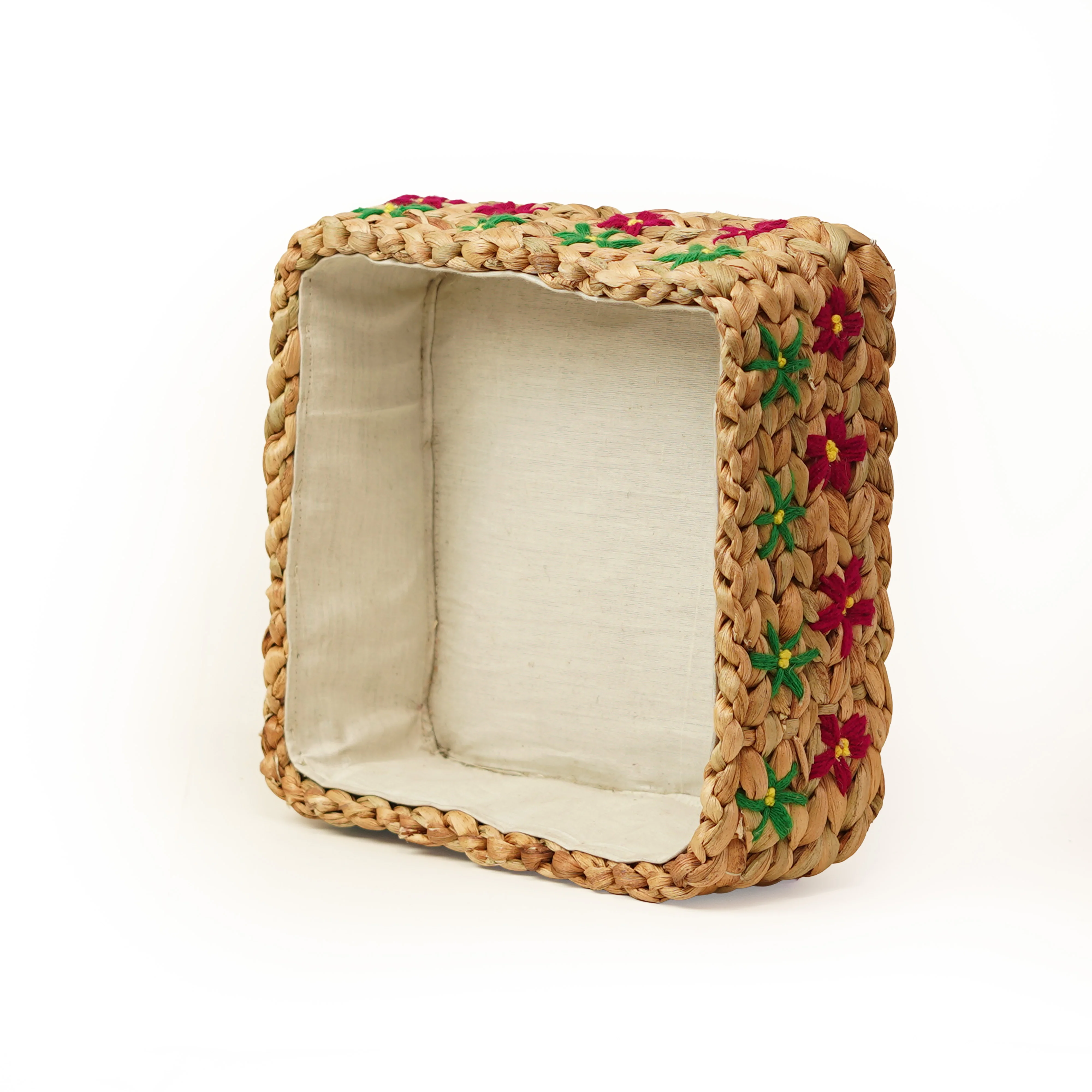 Handcrafted Water Hyacinth & Jute Square Storage Basket | Embroidered Floral Decorativ - Thumbnail 2