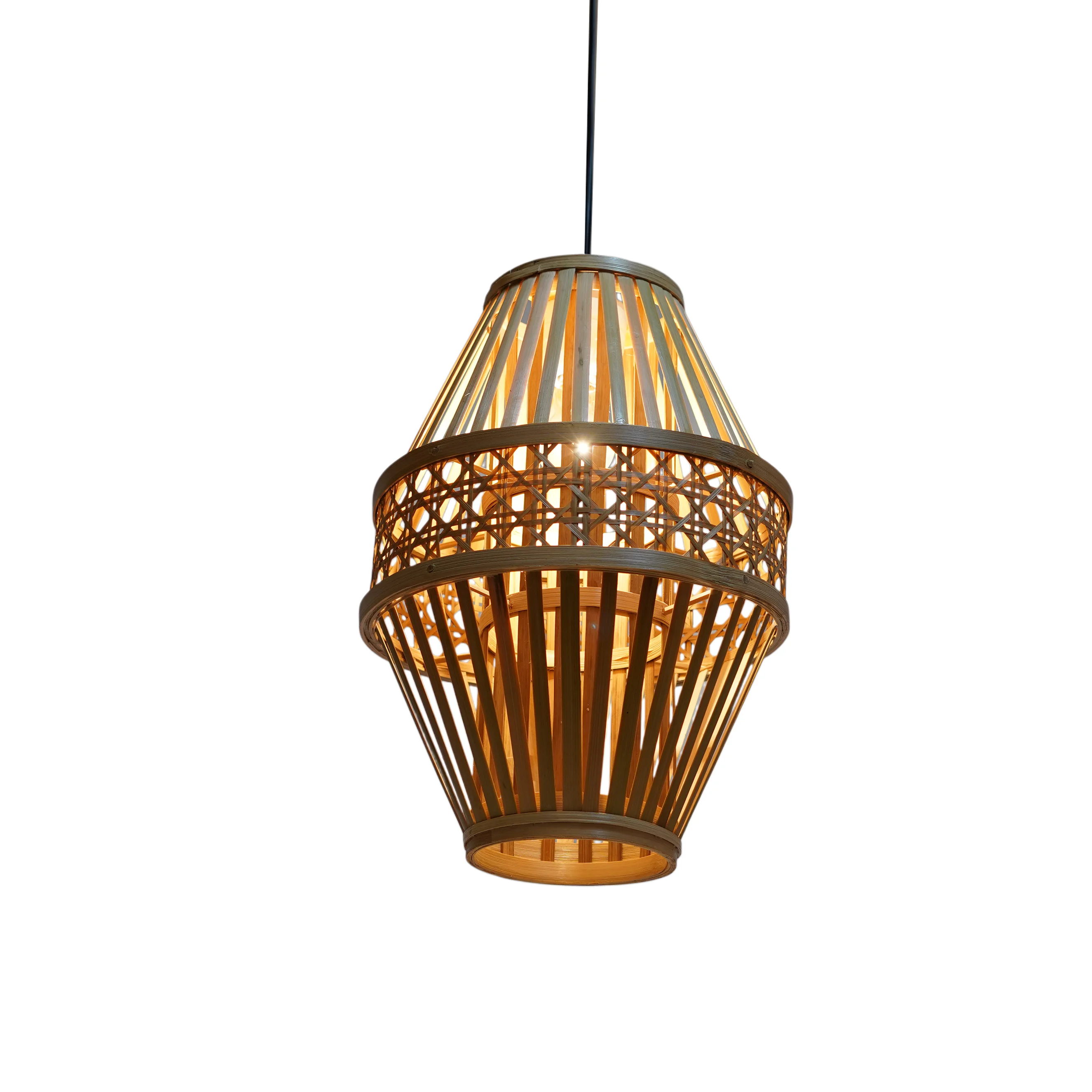 Handcrafted Diamond Bamboo Pendant Light - Woven Rattan Webbing Belt Lamp Shade - Thumbnail 3