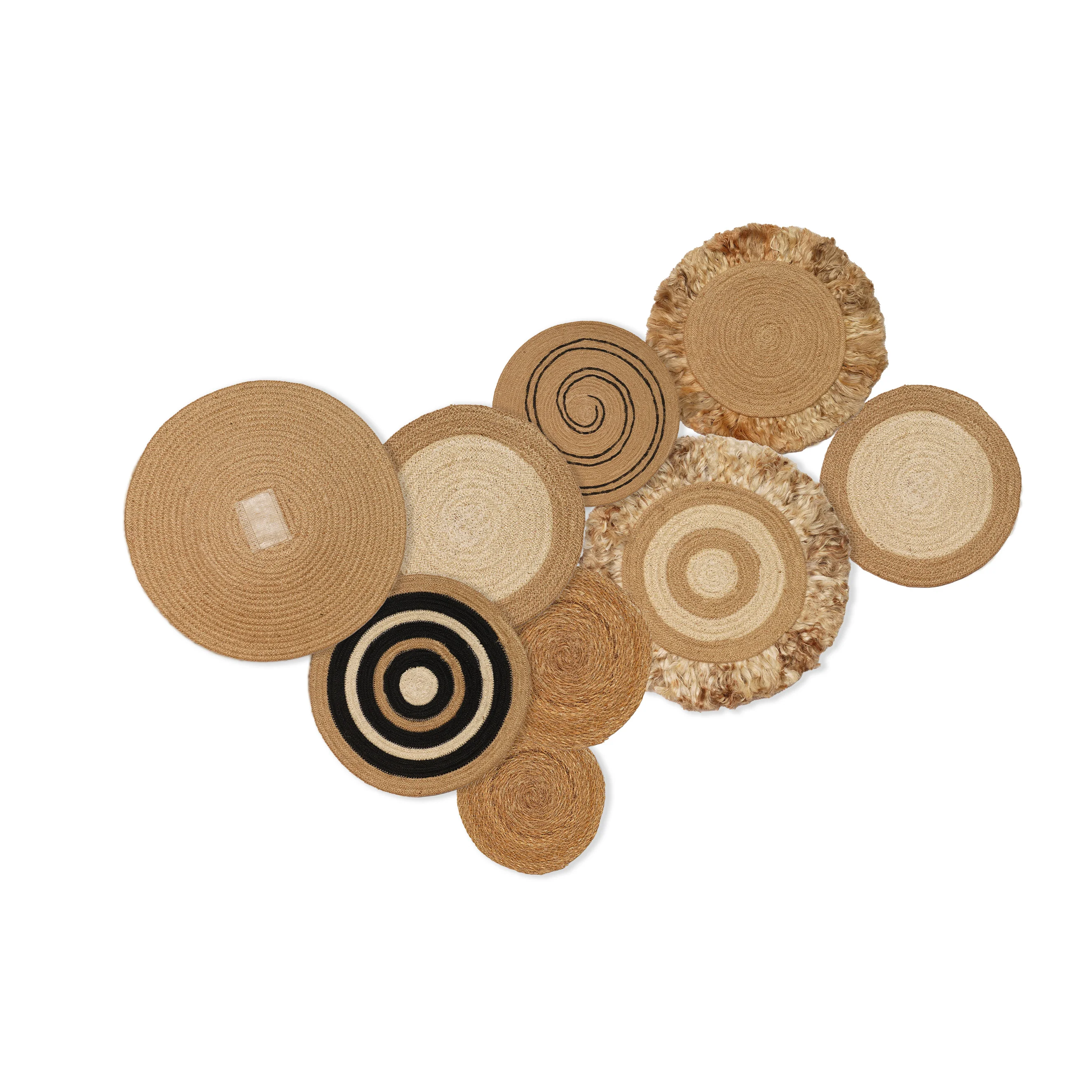Handmade Boho Jute Wall Décor Set of 9 - Woven Natural Round Wall Hanging Discs
