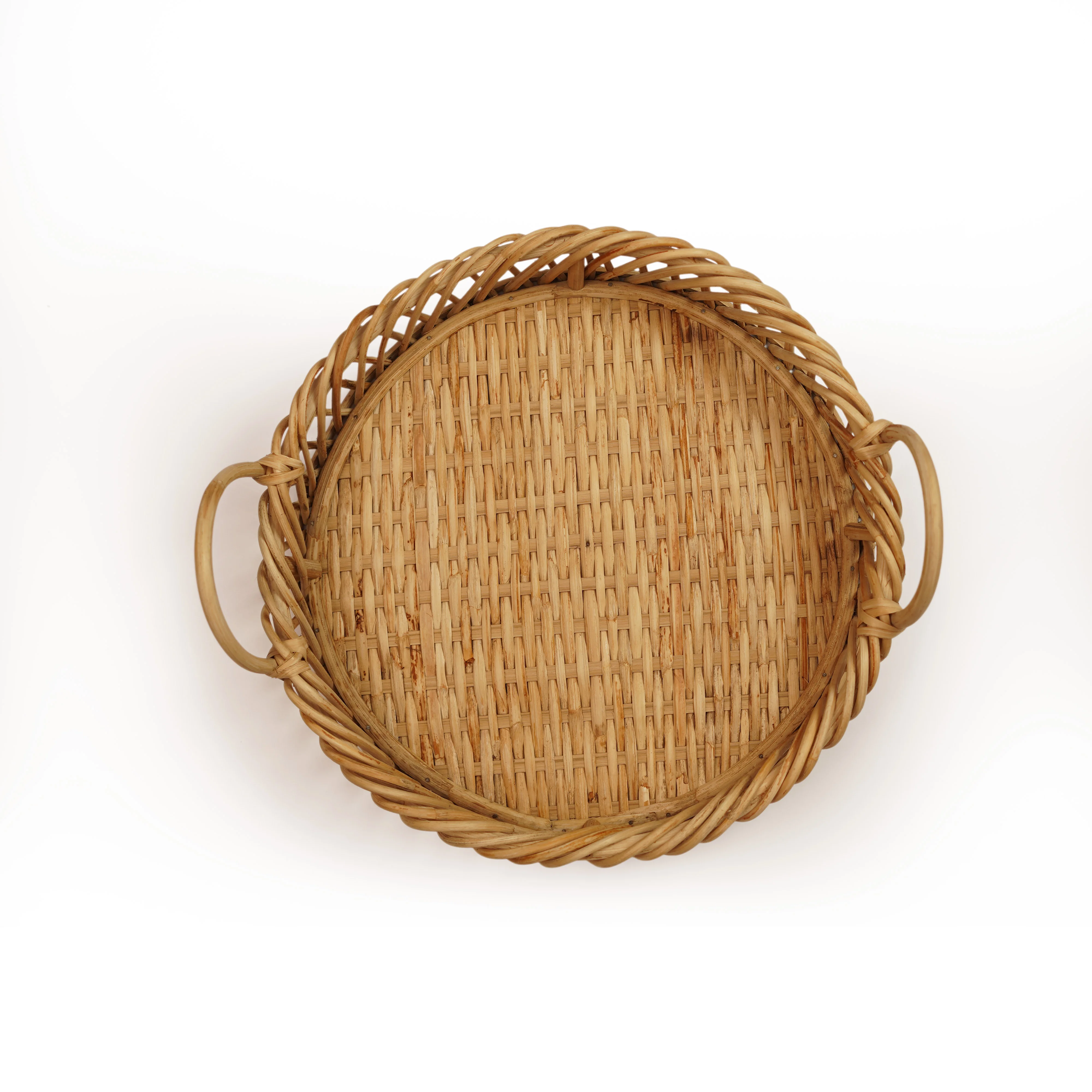 Handcrafted Seagrass & Cane Rattan Round Serving Tray Basket with High Loop Handles
