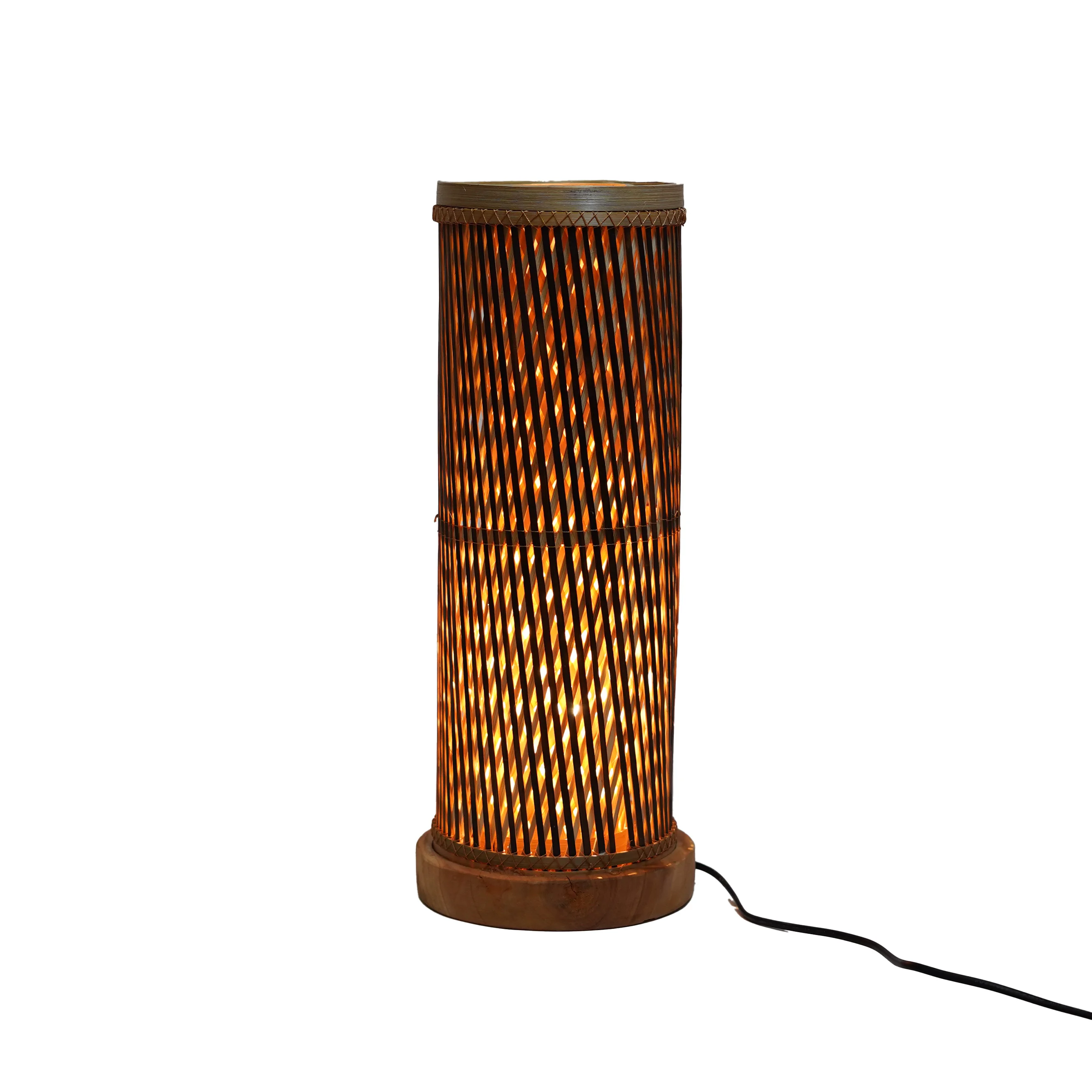 Handcrafted Cylinder Bamboo Table Lamp with Wooden Base - Spiral Woven Bedside Desk Li - Thumbnail 2