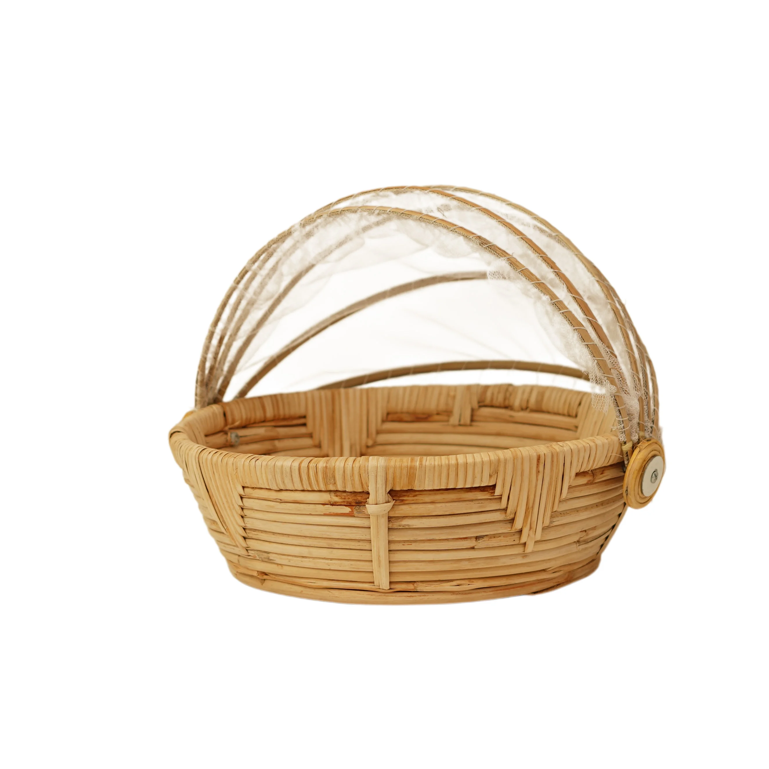 Handcrafted Cane Rattan Fruit Basket with Retractable Mesh Food Cover