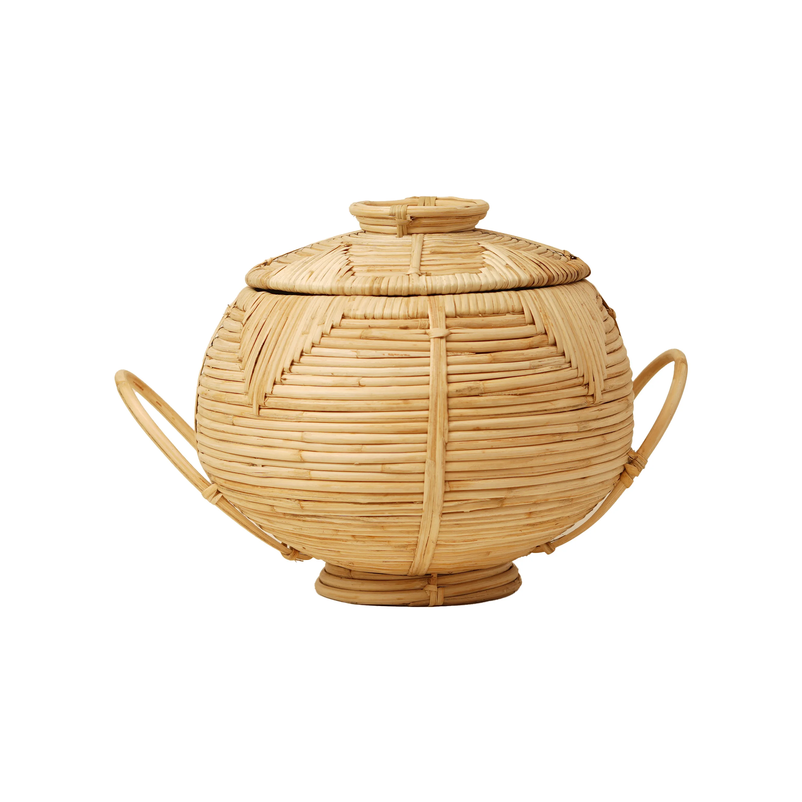 Handcrafted Cane Rattan Storage Bowl with Lid, Side Handles & Pedestal Base