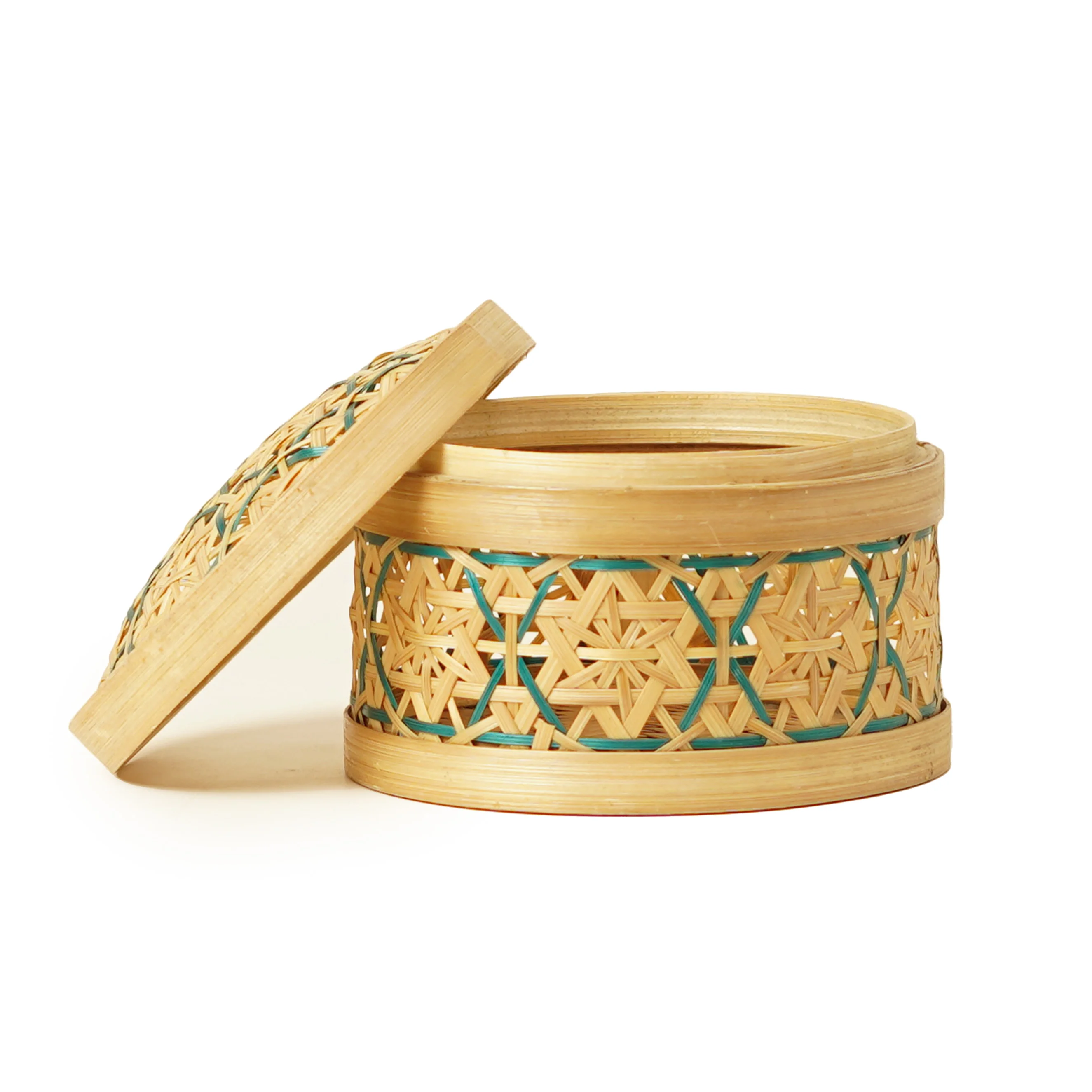 Handcrafted Green Hexagonal Star Pattern Bamboo Round Box with Lid