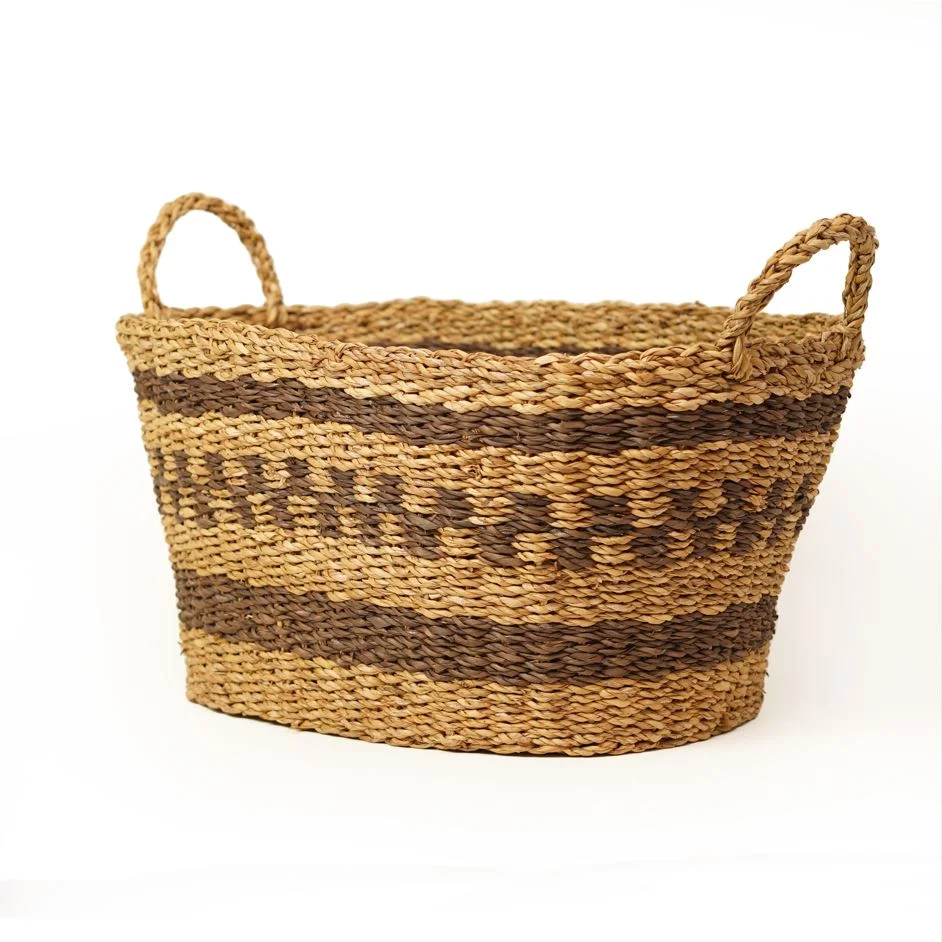 Handcrafted Natural Seagrass Oval Laundry Basket | Two-Tone Woven Storage Hamper with - Thumbnail 1