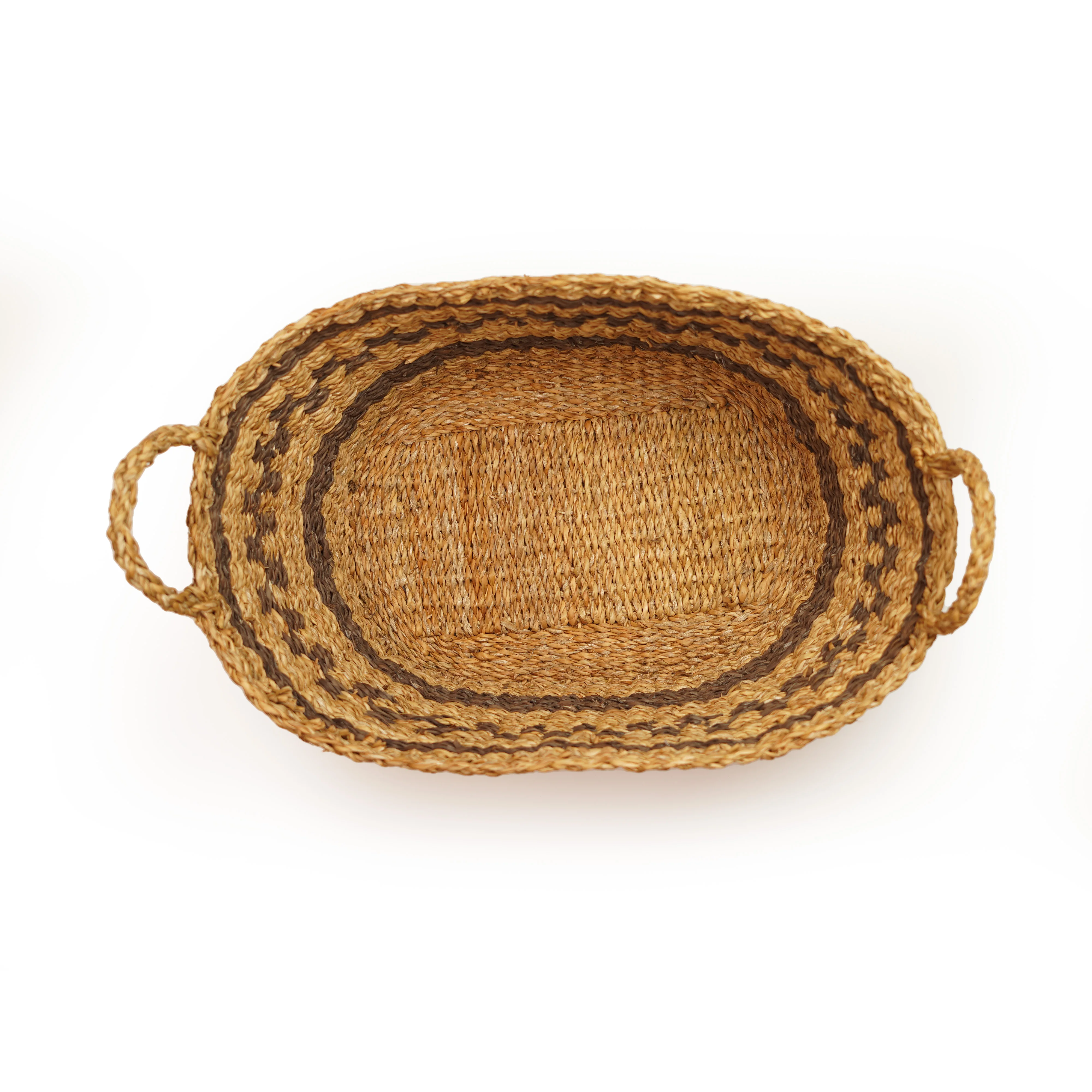 Handcrafted Natural Seagrass Oval Laundry Basket | Two-Tone Woven Storage Hamper with Handles