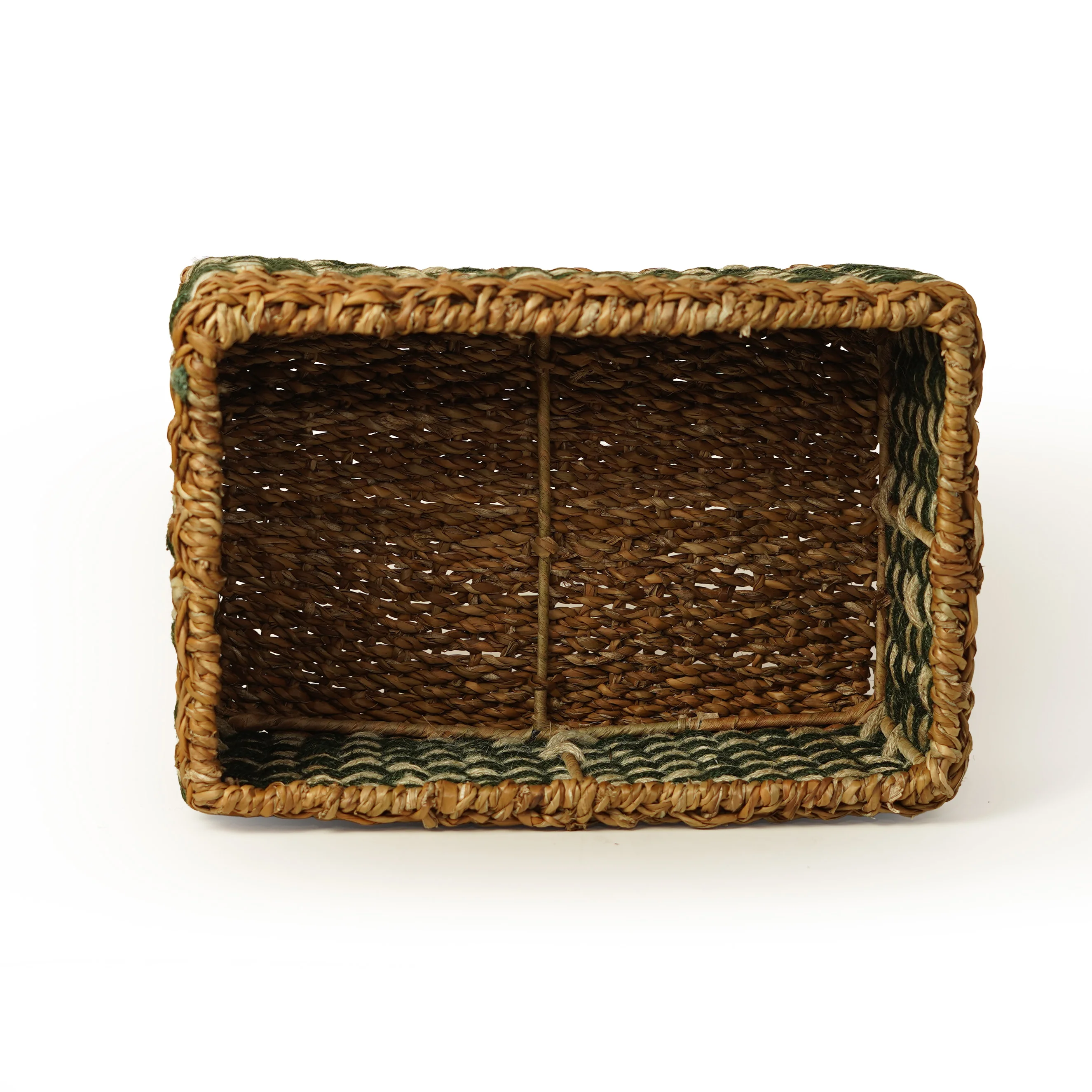 Handcrafted Seagrass & Jute Rectangular Storage Basket with Green Two-Tone Braided Pat - Thumbnail 4