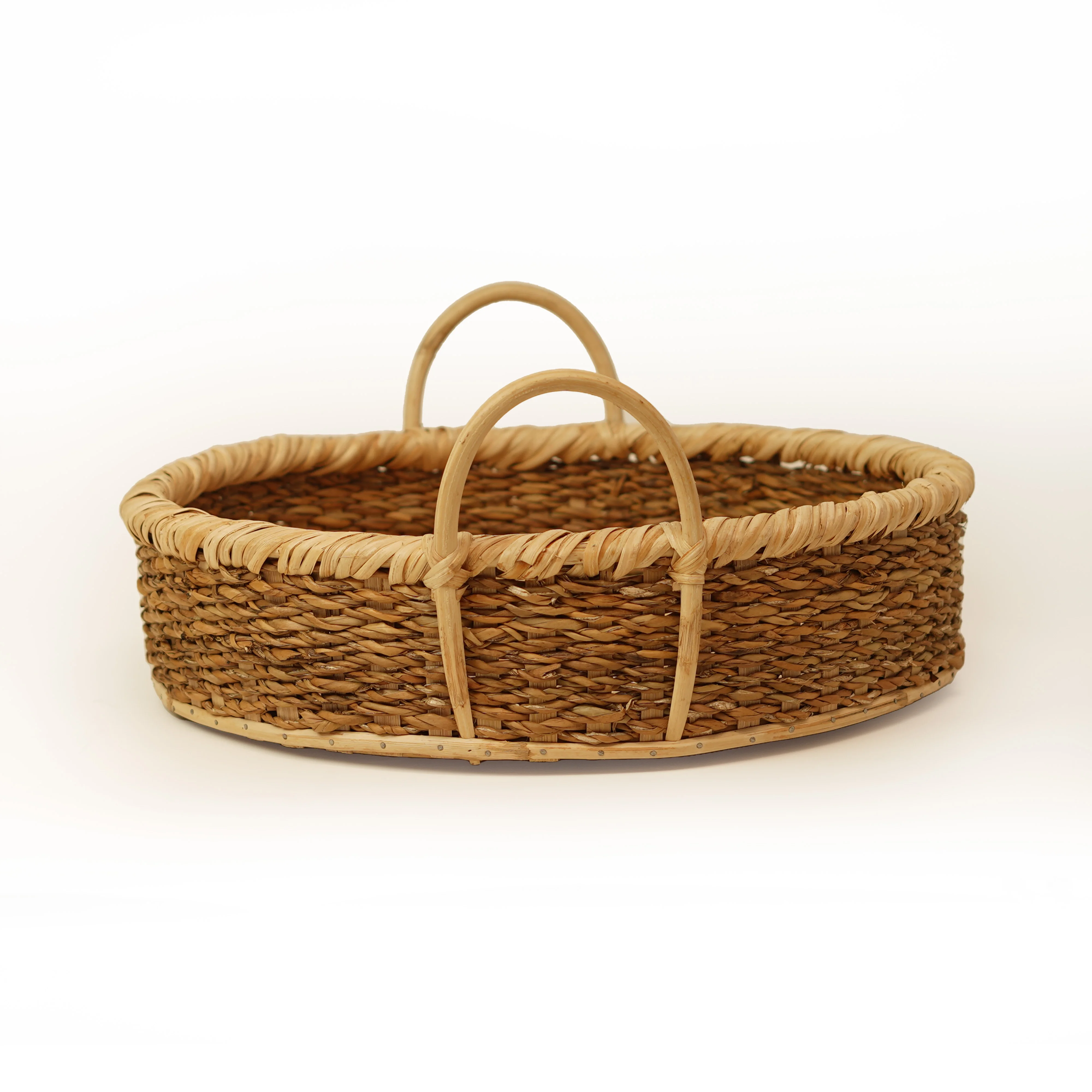 Handcrafted Seagrass & Cane Rattan Round Serving Tray Basket with High Loop Handles - Thumbnail 2