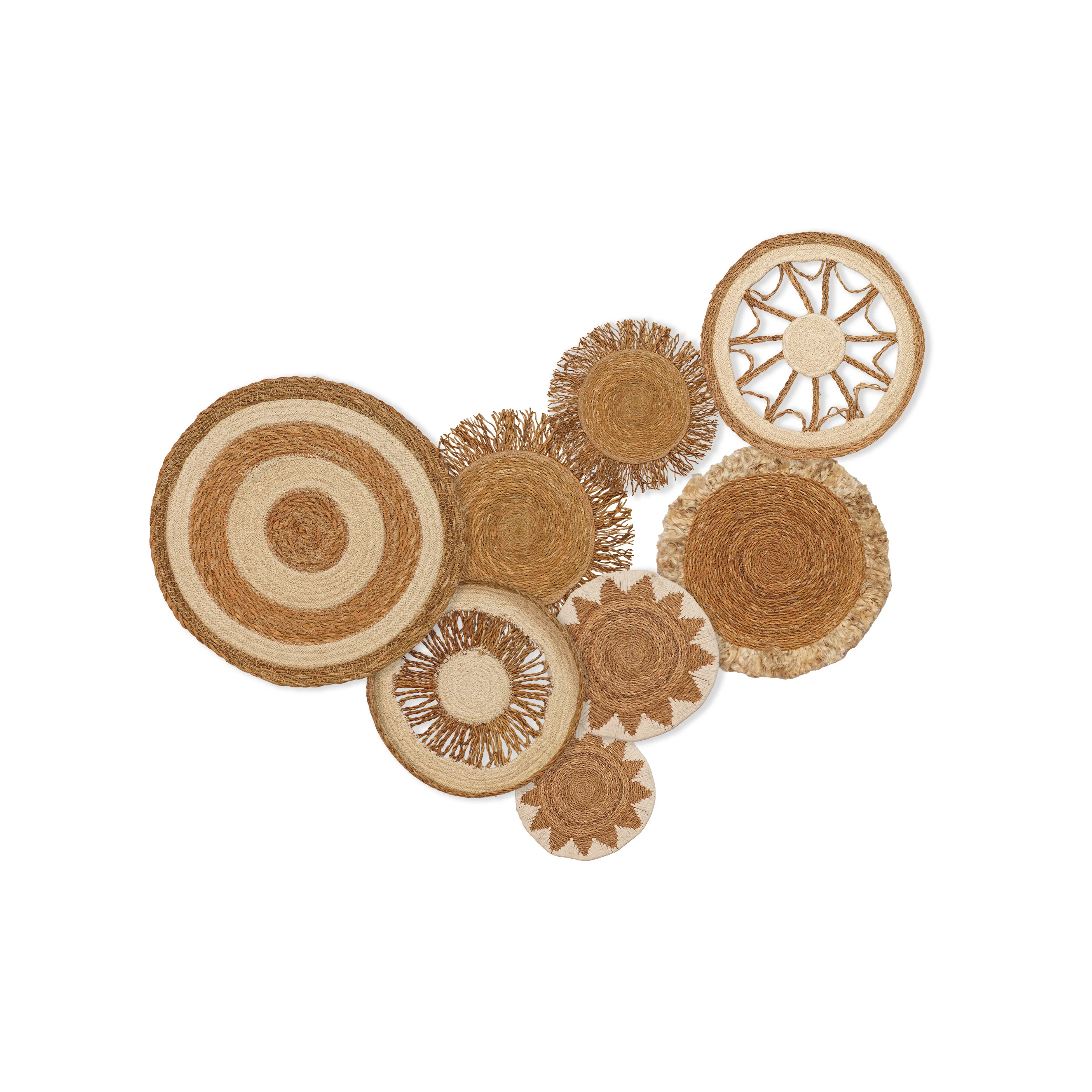 Handmade Boho Jute Wall Décor Set of 8 - Woven Medallions & Fringe Wall Hanging Tapestry