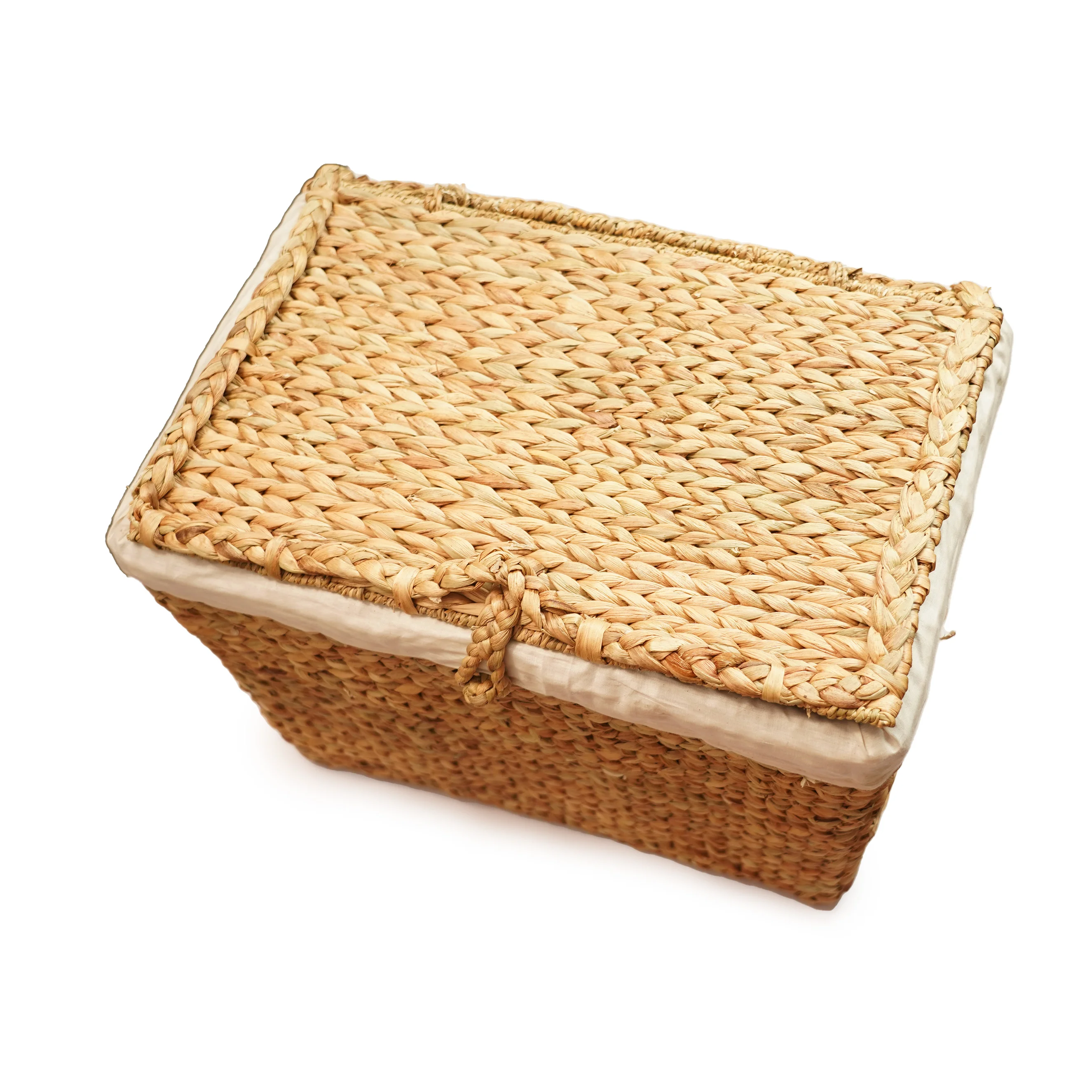 Handcrafted Water Hyacinth & Jute Rectangular Laundry Hamper with Attached Lid & Removable Fabric Liner