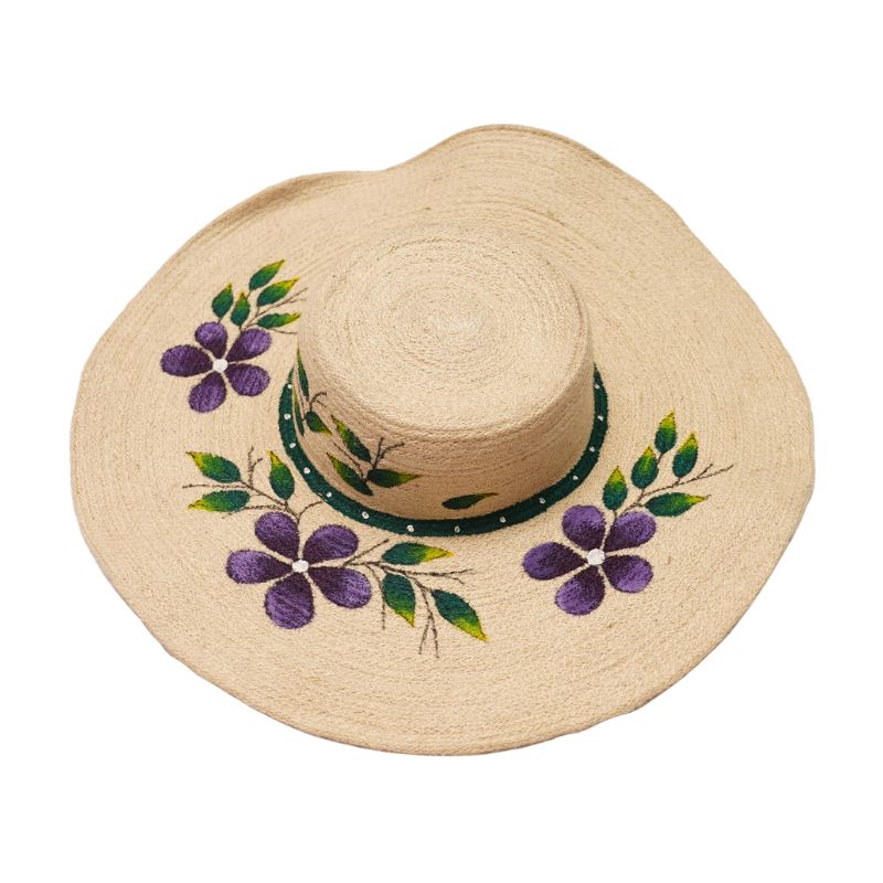 Eco-Friendly Handcrafted Natural Jute Fiber Ladies Sun Hat Hand Painted Floral Boater Beach Hat Custom OEM