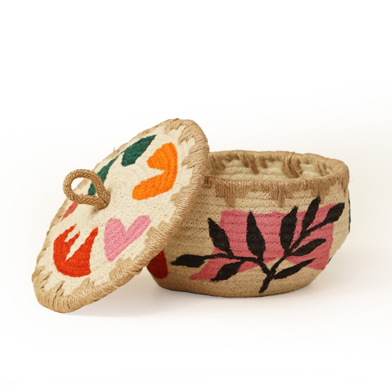 Eco-Friendly Handwoven Jute Jewelry Box Decorative Storage Basket with Lid Embroidered Ornament Organizer