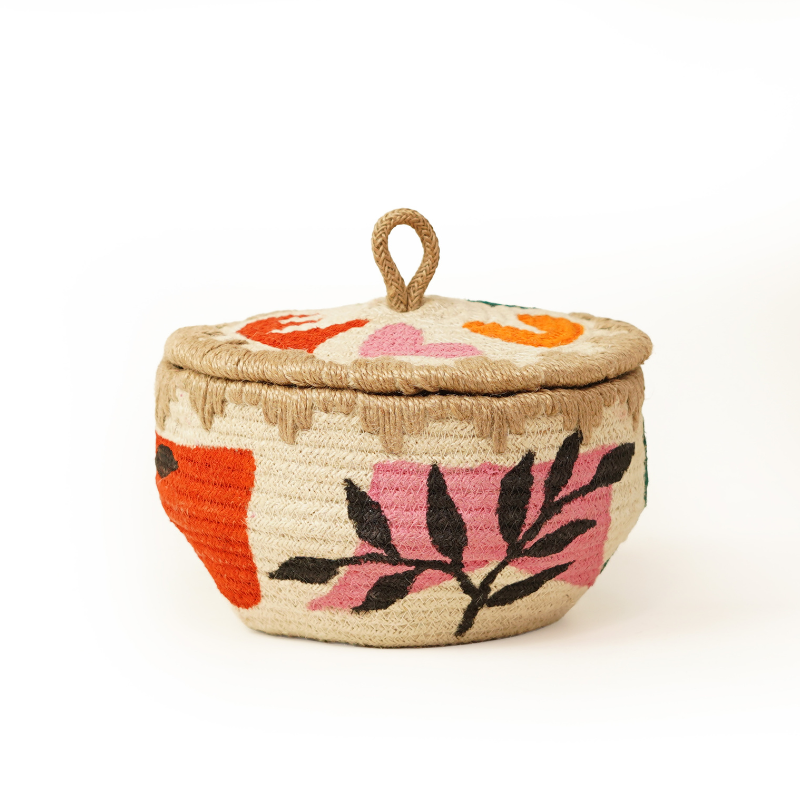 Eco-Friendly Handwoven Jute Jewelry Box Decorative Storage Basket with Lid Embroidered - Thumbnail 2
