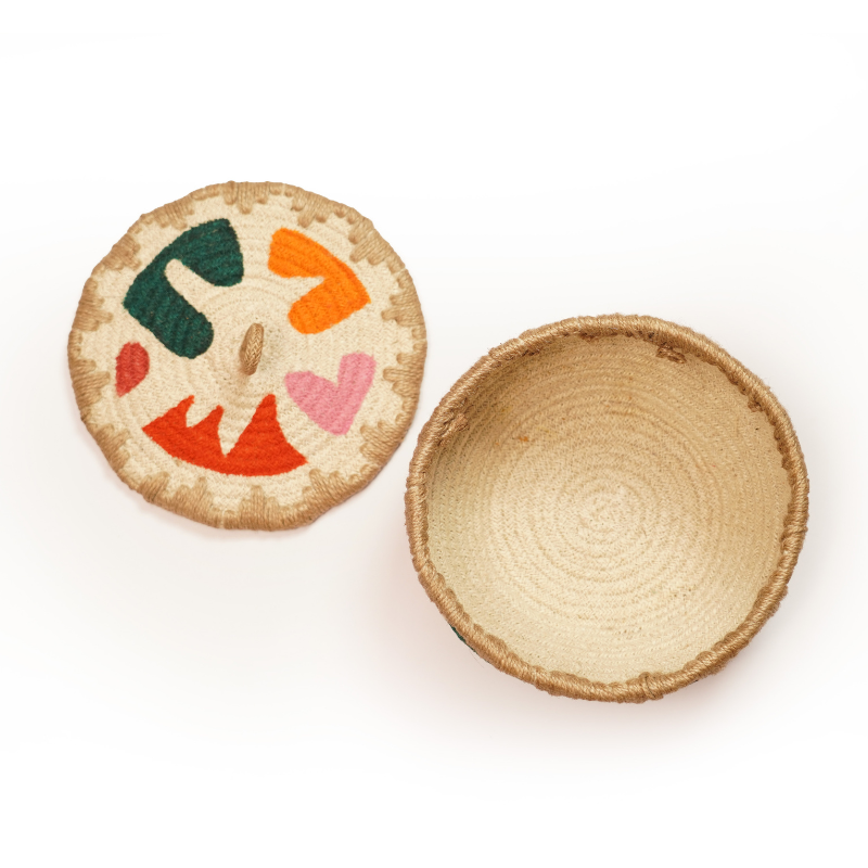 Eco-Friendly Handwoven Jute Jewelry Box Decorative Storage Basket with Lid Embroidered - Thumbnail 3
