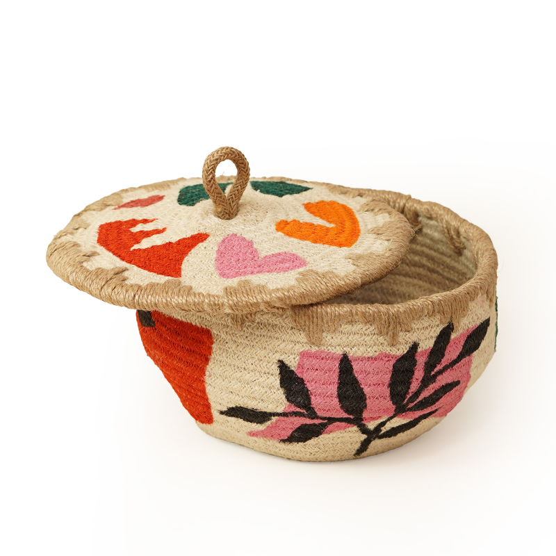 Eco-Friendly Handwoven Jute Jewelry Box Decorative Storage Basket with Lid Embroidered - Thumbnail 4