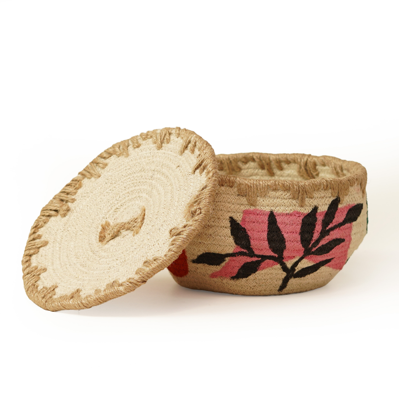 Eco-Friendly Handwoven Jute Jewelry Box Decorative Storage Basket with Lid Embroidered - Thumbnail 5
