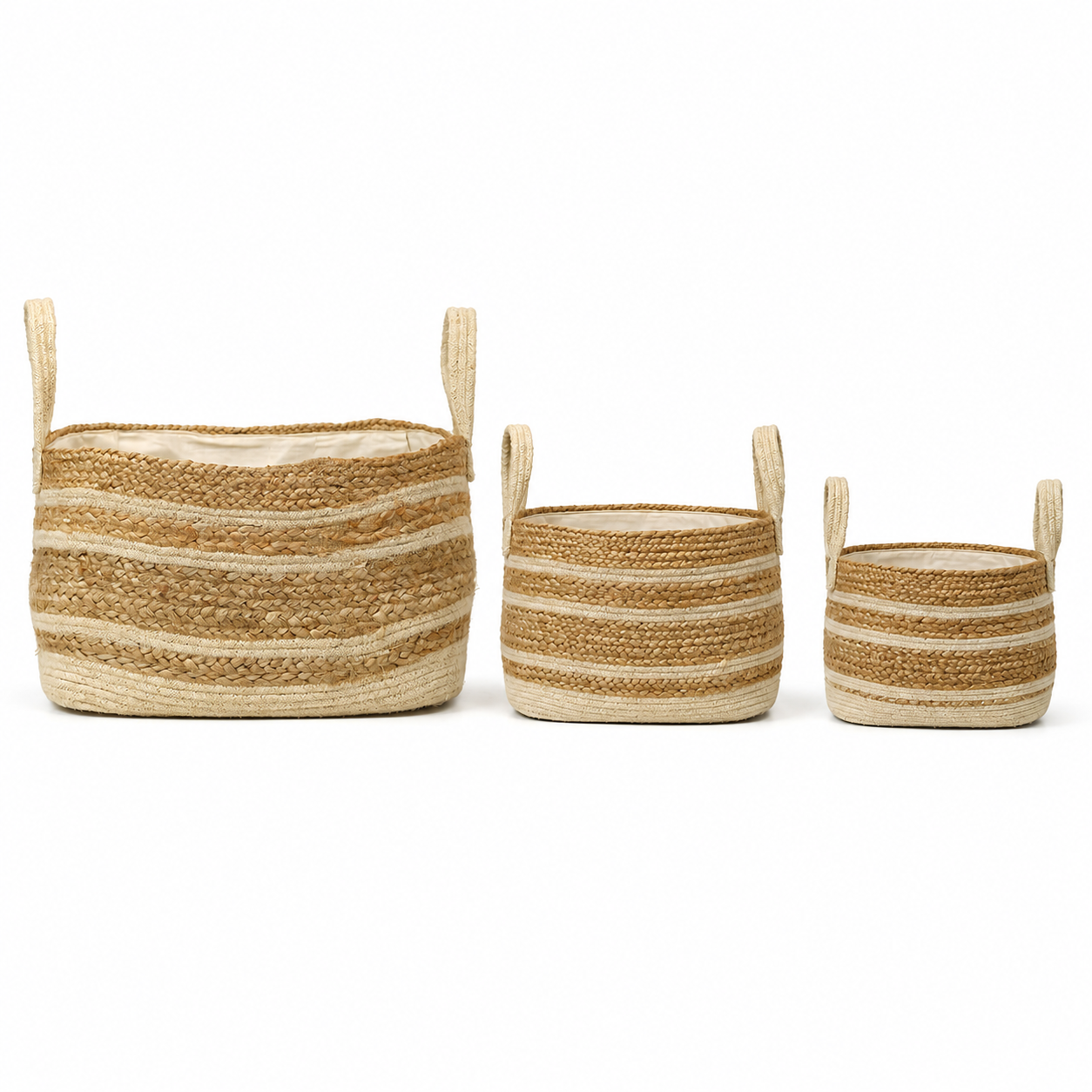 Eco-Friendly Handwoven Jute Storage Basket Set of 3 with Handles & Inner Fabric Lining Multipurpose Organizer