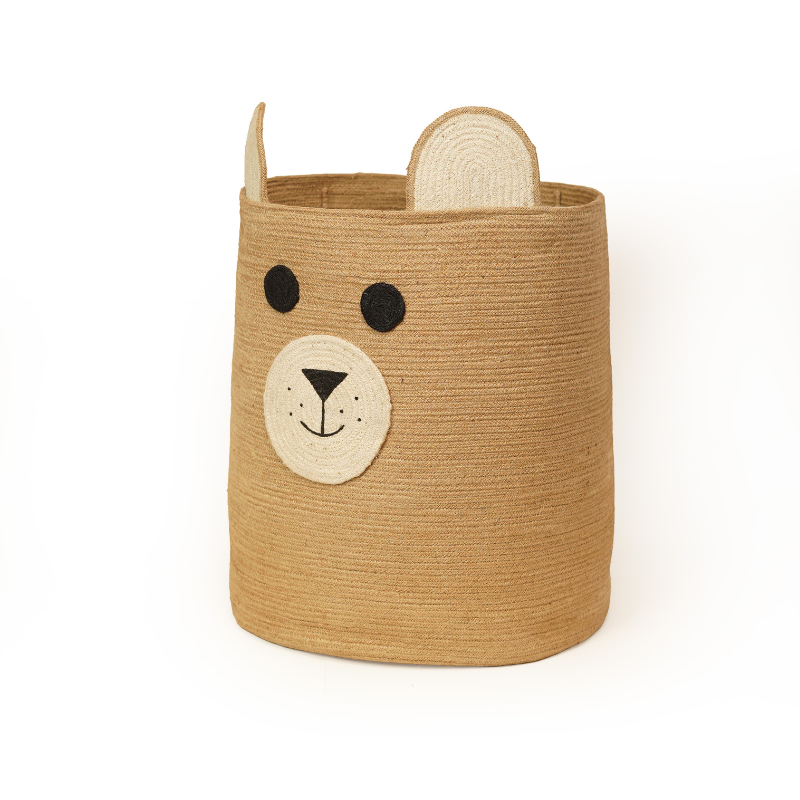 Eco-Friendly Handwoven Natural Jute Toy Storage Basket Cute Bear Face Nursery Organize - Thumbnail 4