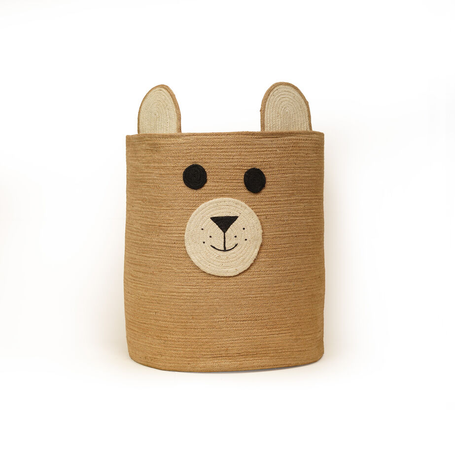Eco-Friendly Handwoven Natural Jute Toy Storage Basket Cute Bear Face Nursery Organizer Bin