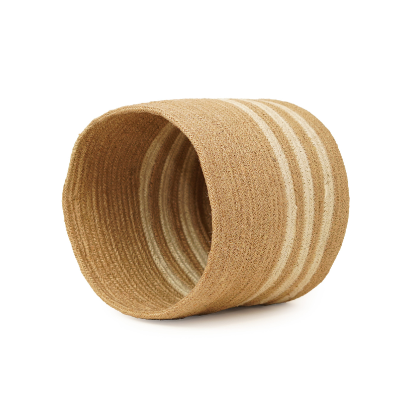 Eco-Friendly Handwoven Round Jute Storage Basket Cream Striped Plant Pot Cover & Home - Thumbnail 3
