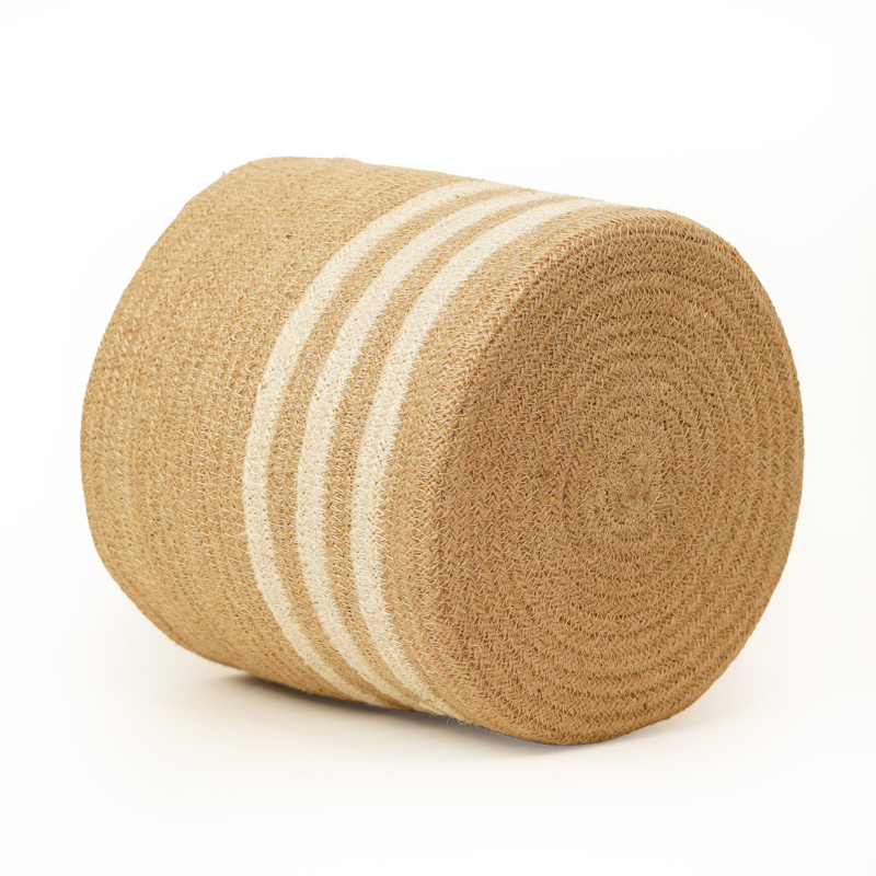 Eco-Friendly Handwoven Round Jute Storage Basket Cream Striped Plant Pot Cover & Home - Thumbnail 4