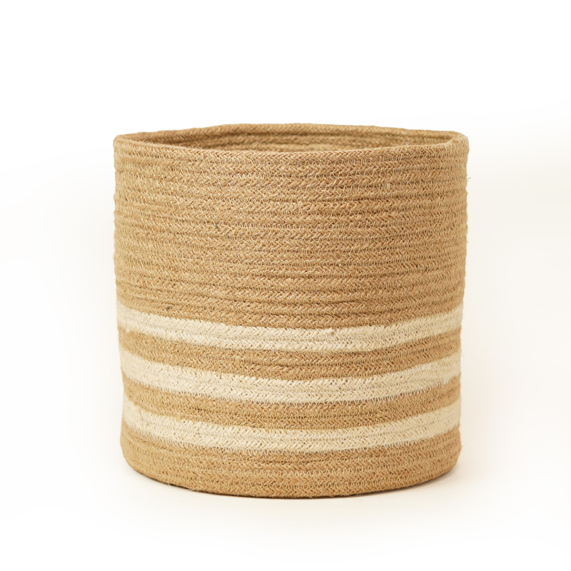 Eco-Friendly Handwoven Round Jute Storage Basket Cream Striped Plant Pot Cover & Home - Thumbnail 1