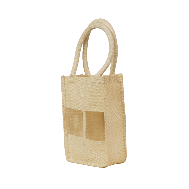 Eco-Friendly Natural Jute 2 Bottle Wine Carrier Bag with Mesh Window - Thumbnail 4