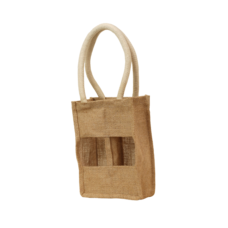 Eco-Friendly Natural Jute 2 Bottle Wine Carrier Tote with Open Window - Thumbnail 2