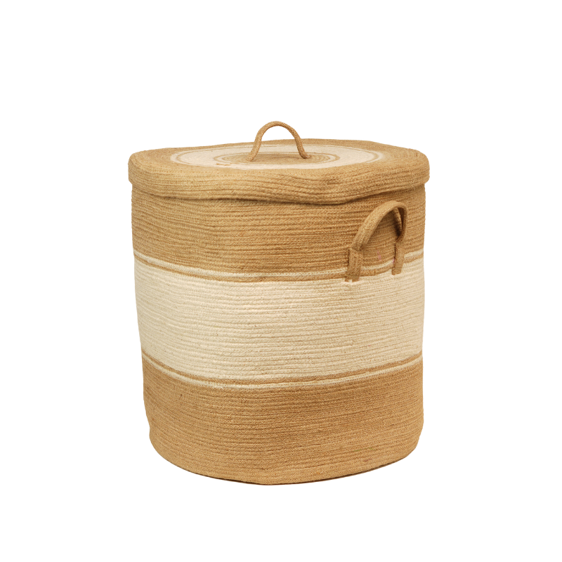 Eco-Friendly Natural Jute Laundry Hamper Basket with Lid Cream Striped Storage Organizer