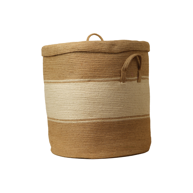 Eco-Friendly Natural Jute Laundry Hamper Basket with Lid Cream Striped Storage Organiz - Thumbnail 4