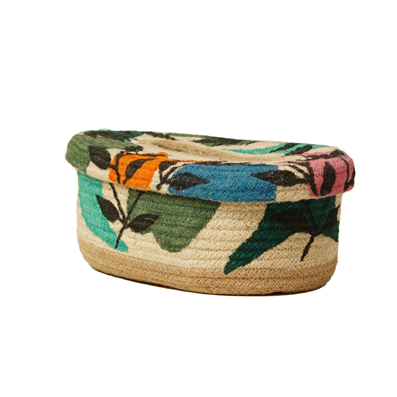 Eco-Friendly Natural Jute Oval Tissue Box Cover Handwoven Colorful Botanical Patterned Tissue Box Holder Tabletop Decorative Napkin Box Case
