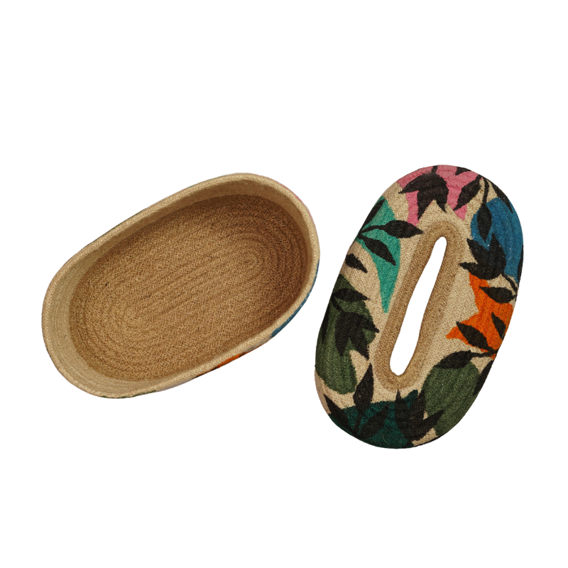 Eco-Friendly Natural Jute Oval Tissue Box Cover Handwoven Colorful Botanical Patterned - Thumbnail 3