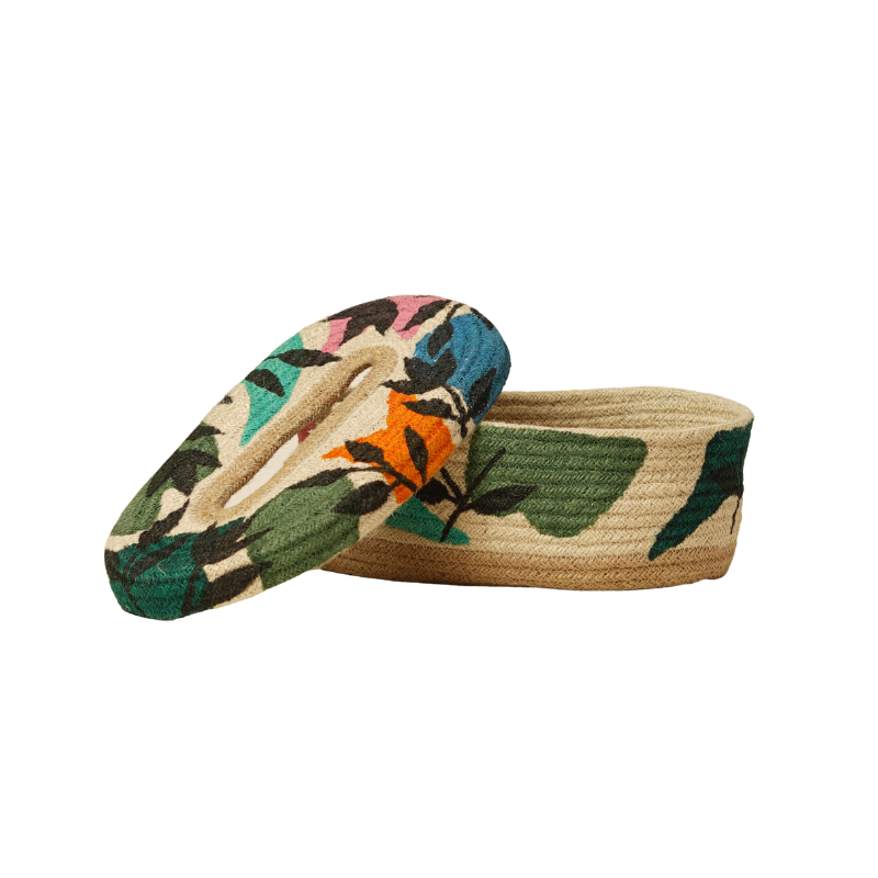 Eco-Friendly Natural Jute Oval Tissue Box Cover Handwoven Colorful Botanical Patterned - Thumbnail 4