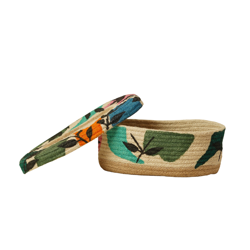 Eco-Friendly Natural Jute Oval Tissue Box Cover Handwoven Colorful Botanical Patterned Tissue Box Holder Tabletop Decorative Napkin Box Case