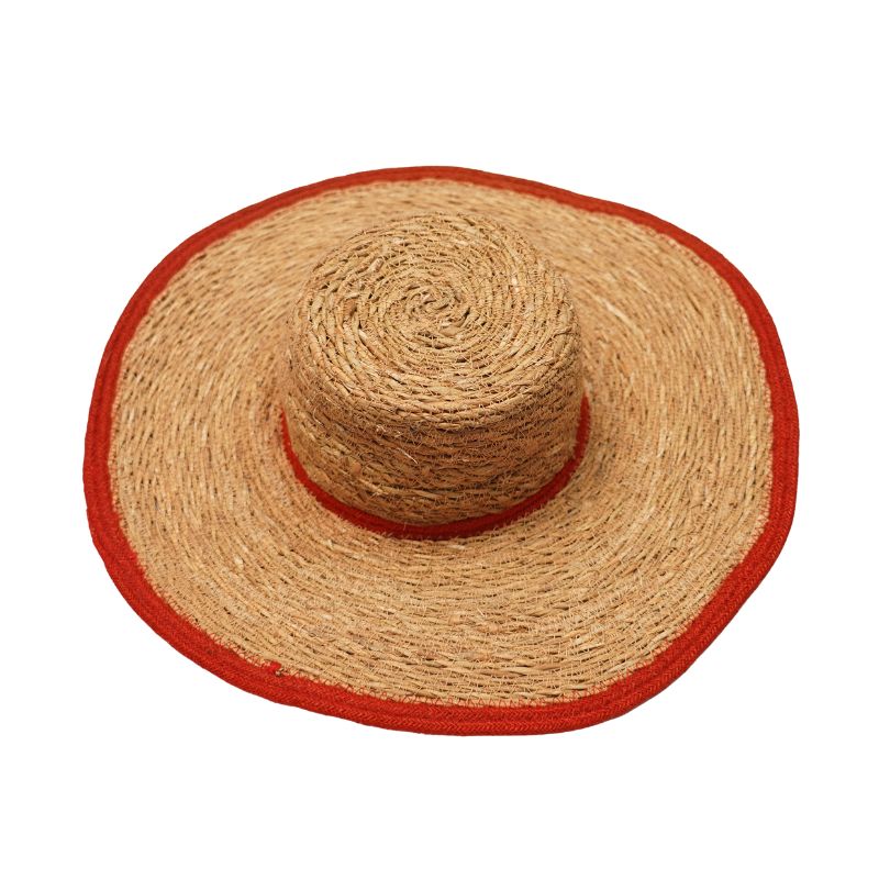 Eco-Friendly Natural Seagrass & Jute Women Sunshade Hat Flat Top Wide Brim Red Trim Summer Vacation Hat