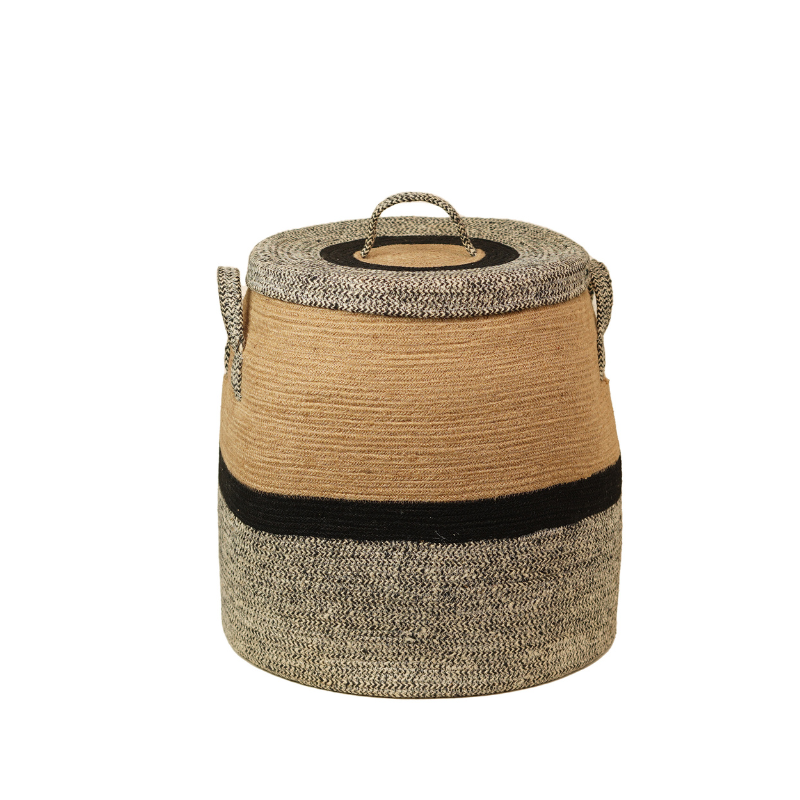 Eco-Friendly Three-Tone Natural Jute Laundry Hamper Basket with Lid and Handles - Thumbnail 2