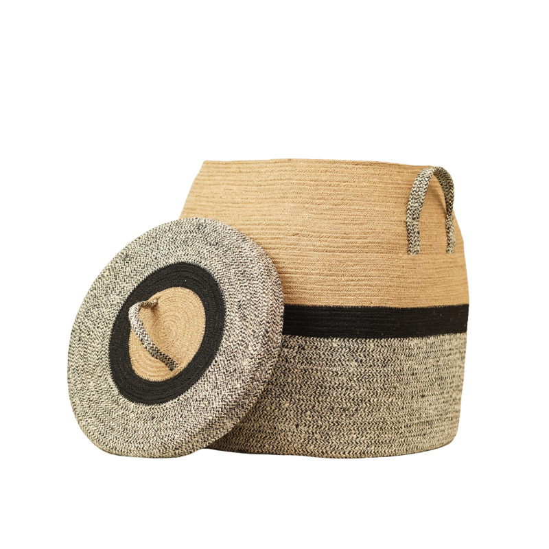 Eco-Friendly Three-Tone Natural Jute Laundry Hamper Basket with Lid and Handles