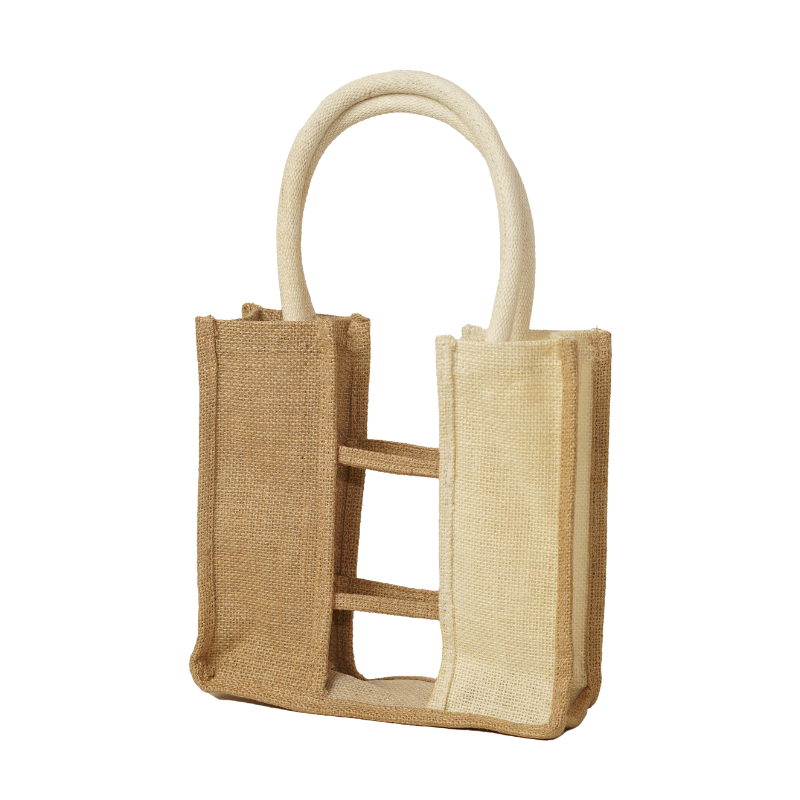 Eco-Friendly Two-Tone Natural Jute 3 Bottle Wine Carrier Tote with Open Window