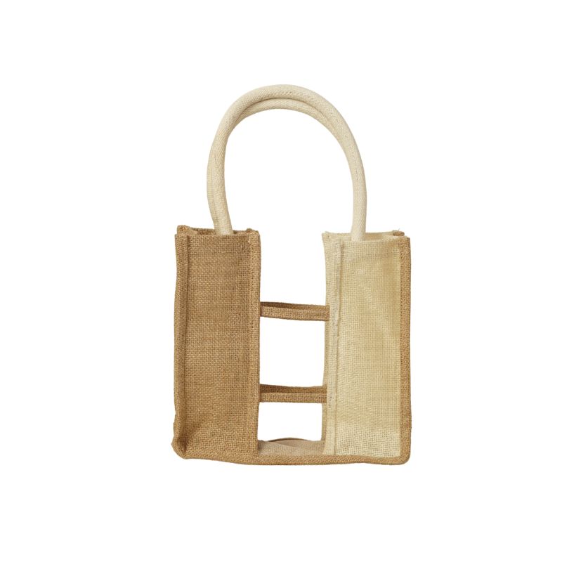 Eco-Friendly Two-Tone Natural Jute 3 Bottle Wine Carrier Tote with Open Window