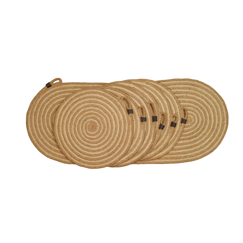 Handcrafted Braided Jute Dining Table Mat Set (7 Pcs) with Oval Runner and Round Placemats with Hanging Loop