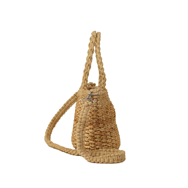 Handcrafted Chunky Woven Jute Mini Tote Bag with Detachable Macrame Strap - Thumbnail 3