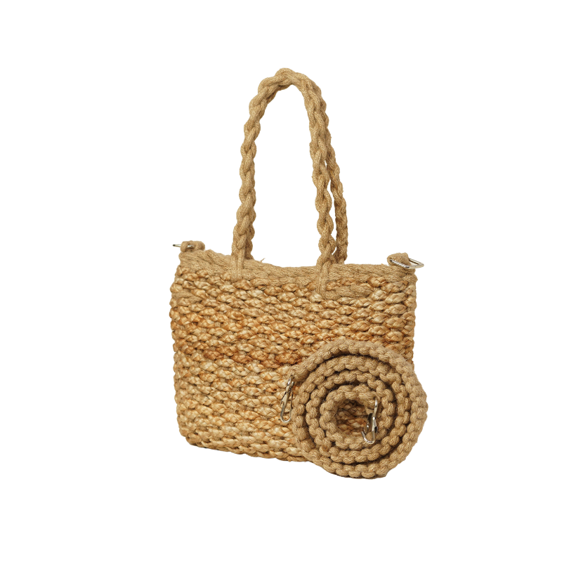 Handcrafted Chunky Woven Jute Mini Tote Bag with Detachable Macrame Strap - Thumbnail 4