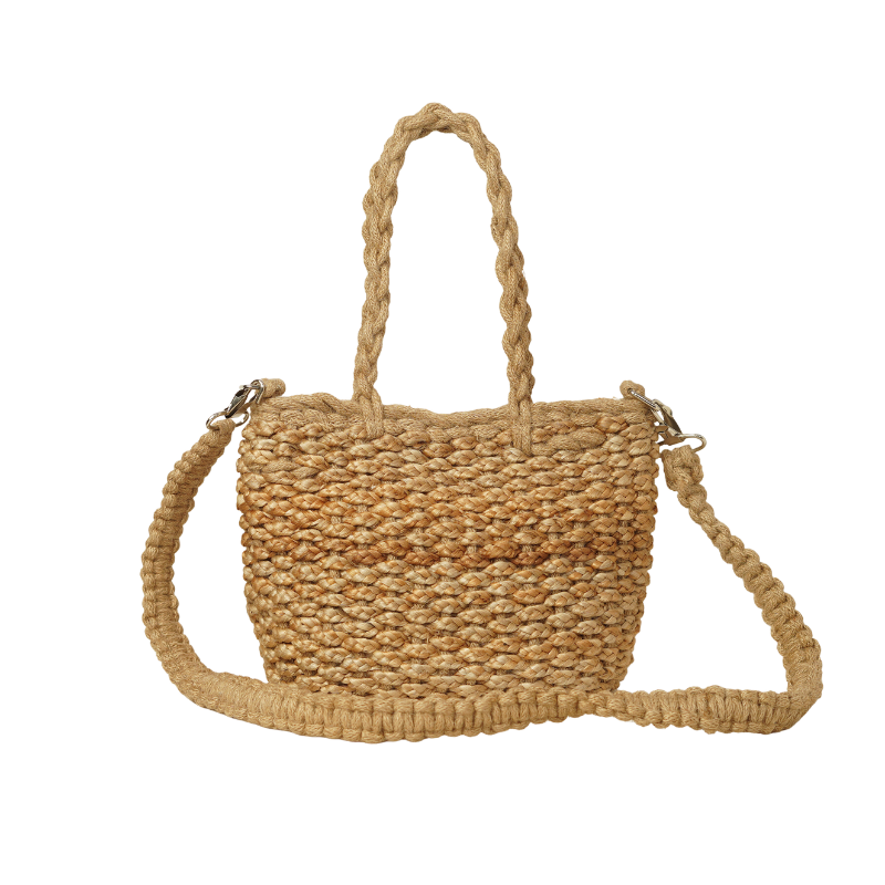 Handcrafted Chunky Woven Jute Mini Tote Bag with Detachable Macrame Strap
