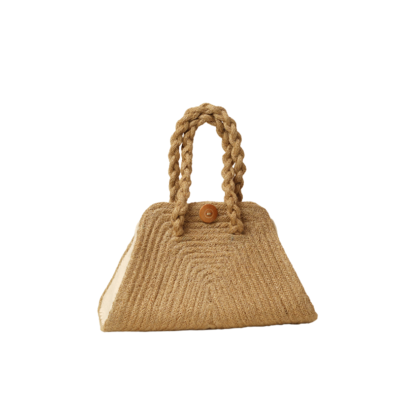 Handcrafted Daisy Floral Embroidered Jute Trapezoid Vanity Handbag - Thumbnail 3