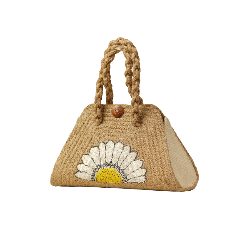 Handcrafted Daisy Floral Embroidered Jute Trapezoid Vanity Handbag