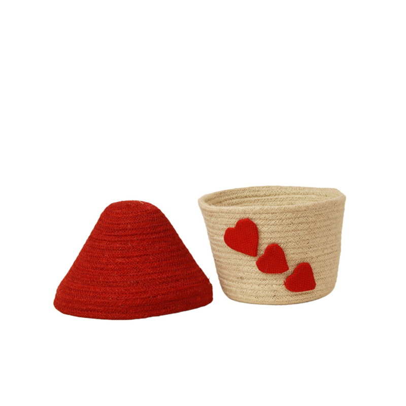 Handcrafted Eco-Friendly Jute Mushroom House Decorative Storage Box with Red Lid & Hea - Thumbnail 2