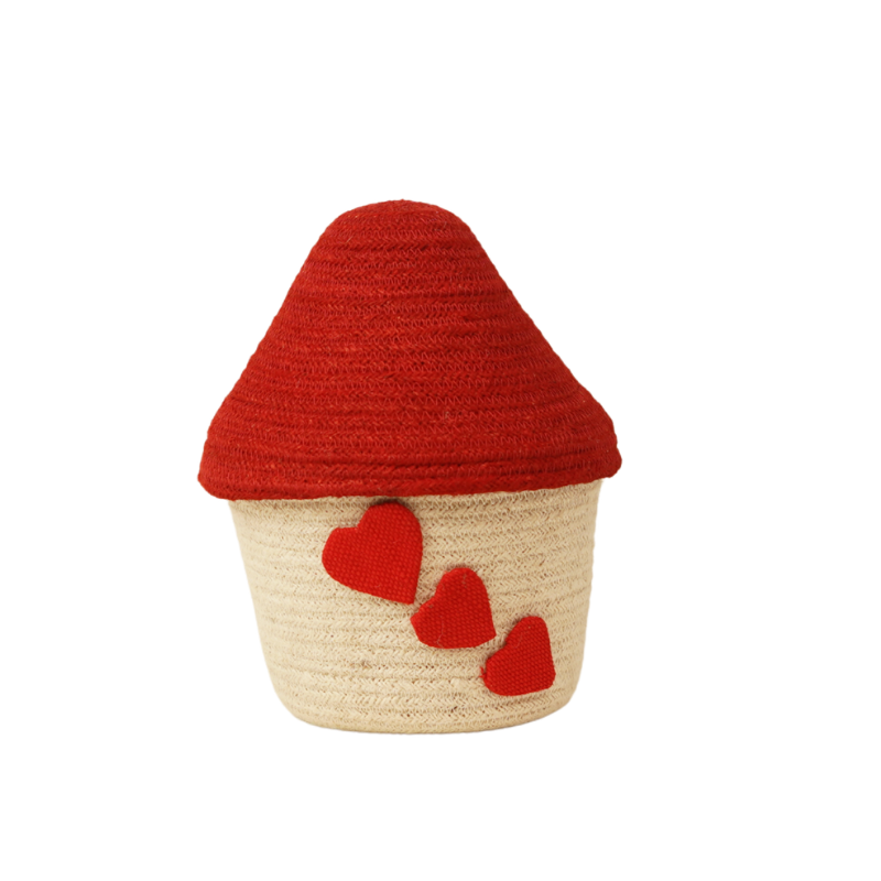 Handcrafted Eco-Friendly Jute Mushroom House Decorative Storage Box with Red Lid & Heart Applique